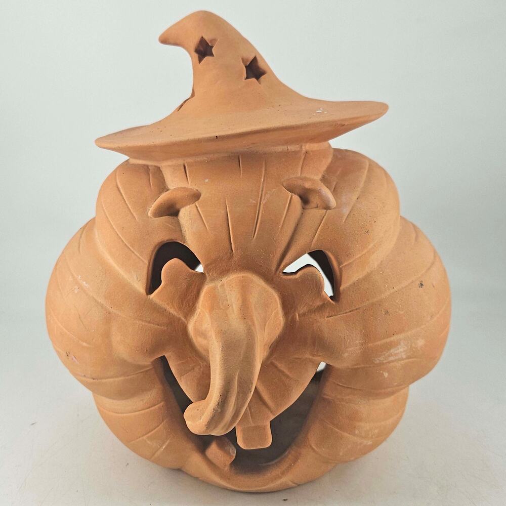 Vintage unglazed terra cotta anthropomorphic witch pumpkin jack o lantern